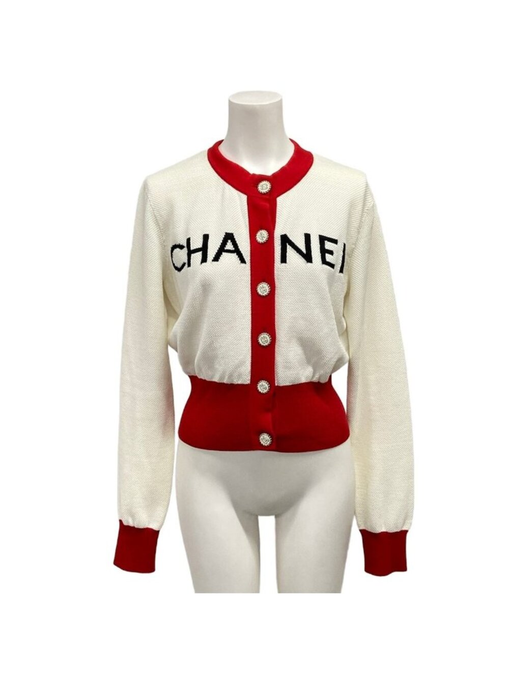 Chanel Cardigan Ivory Red Black Logo Cotton